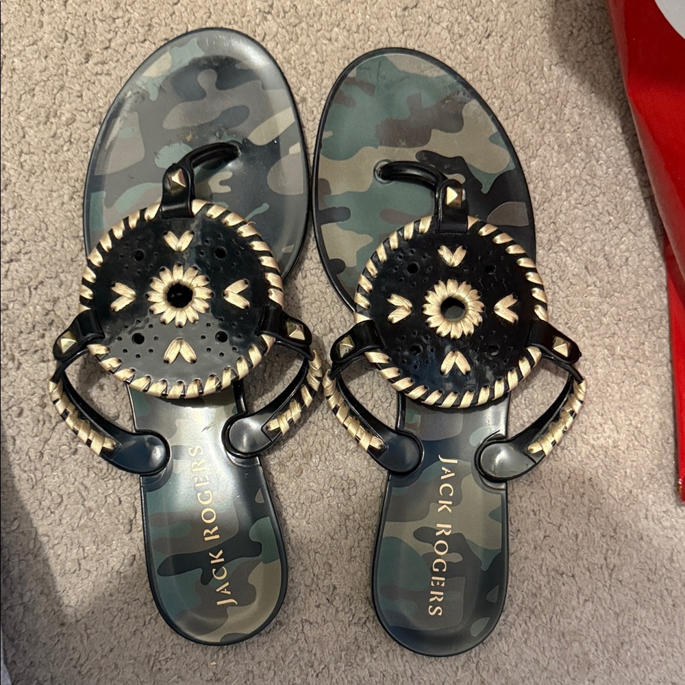 Jack Rogers Camouflage Sandals with Black and Tan Details